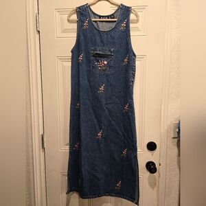 M.P.H. Maxi Embroidered Jean Dress w Pink Floral Designs, Size S